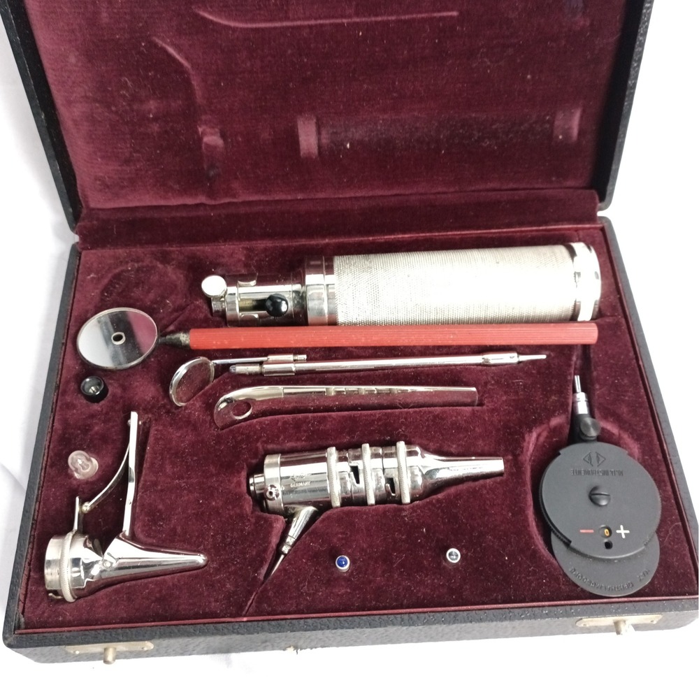 Vintage Riester Germany ENT Diagnostic Set Otoscope Ophthalmoscope Case a1